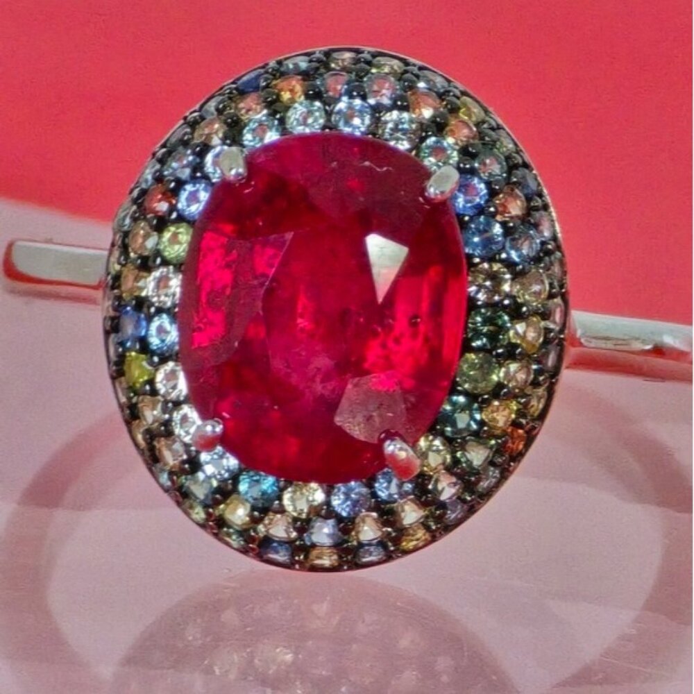 925 Sterling Silver Ring with Natural Ruby 10x8mm & Sapphire Gemstones
